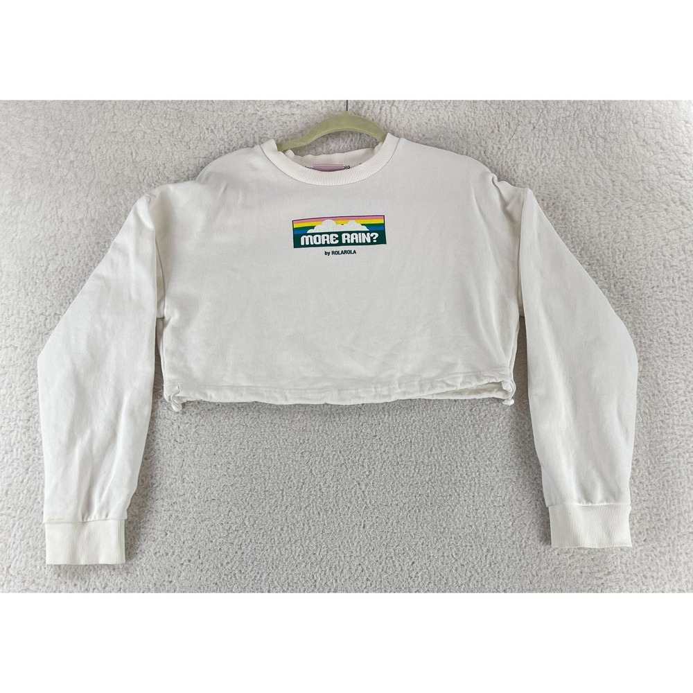 Rolarola More Rain Sweatshirt Womens Size Free (Small) White Cropped Long Sleeve